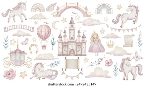 Watercolor clipart with Unicorns and princess castle in pastel pink and beige colors for Baby girls. Illustration of balloon, stars and clouds for childish design. Fantasy carriage and garlands. - Powered by Shutterstock