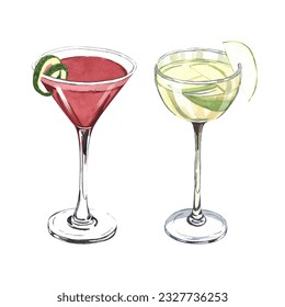 Watercolor cocktail cosmopolitan and apple martini with a lime in glass. Hand-drawn illustration isolated on white background. Perfect for recipe alcoholic lists with drinks, brochures for cafe, bar - Powered by Shutterstock