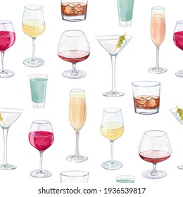 watercolor cocktail glasses seamless patter non white background. Alcohol drinks print for fabric, textile, wrapping, scrapbook, wallpaper