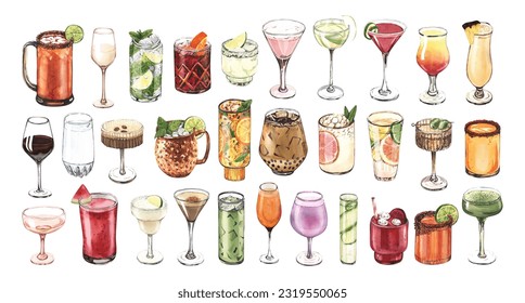 Watercolor cocktail glasses set: martini, gin, wine, margarita, goblet, liquor, rum. Hand-drawn illustration isolated on white background. Perfect for recipe lists with alcoholic drinks, for cafe - Powered by Shutterstock