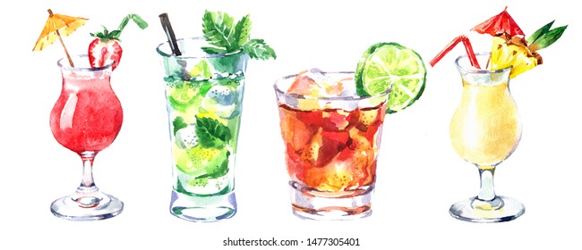 Watercolor Cocktail Illustration Set. Painted Isolated Fresh Beverages On White Background. Menu Design