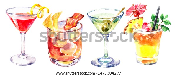 水彩カクテルイラストセット 白い背景に塗りたての飲み物 メニューデザイン のイラスト素材