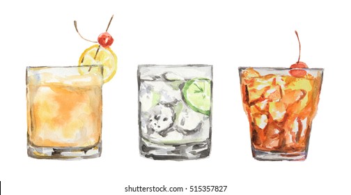 Watercolor Cocktails Set. Isolated Glasses With Alcohol Drinks On White Background.
