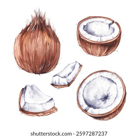 Tuerca dibujada a mano de coco de acuarela. Conjunto de ilustración de coco para embalaje, textil, diseño de aves, etc. Fruta de coco aislada en blanco. Ilustración tropical helado y coco
