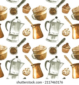 Watercolor Coffee, Cups, Pastry, Cupcakes, Moka Pot Seamless Pattern. Hand Painted Cafe Texture Of Breakfast Clipart Elements Isolated On White Background. Dessert Wallpaper For Kitchen, Menu, Recipe.