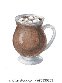 Watercolor Coffee In Glass Cup With Marshmallows / Hot Chocolate / Cacao