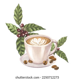 Watercolor coffee latte cappuccino with froth with heart of milk and red arabica beans on branch with berries.Hand-drawn illustration isolated on white background. Perfect food menu, concept for cafe - Powered by Shutterstock