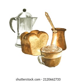 Watercolor Coffee Pot, Loaf Of Bread, Cup Of Cappuccino Illustration. Hand Painted Traditional Breakfast Clipart Elements Isolated On White Background. Cafe Composition For Menu, Kitchen, Recipe.