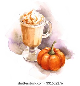 Watercolor Coffee Pumpkin Latte With Whipped Cream Hand Painted Autumn Illustration