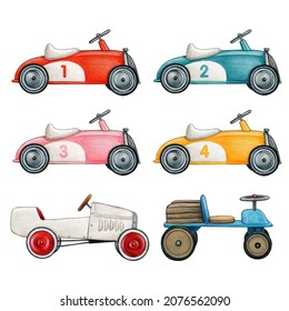 Watercolor colirful vintage toy cars