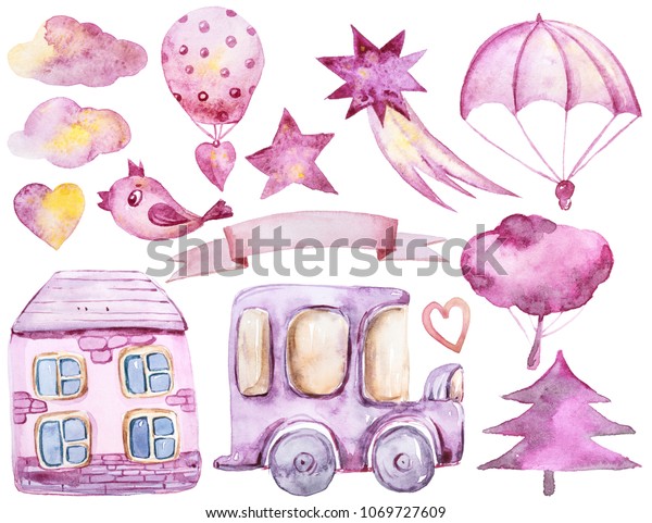 Watercolor collection: bird, car, house,\
parachute, trees, clouds, stars, heart. Children illustration on\
white\
background