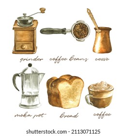 Watercolor Collection Of Coffee Beans, Grinder, Moka Pot, Bread, Cup Of Hot Drink With Whipped Cream. Composition Of Hand Painted Breakfast Clipart Elements Isolated On White Background. Cafe Objects.