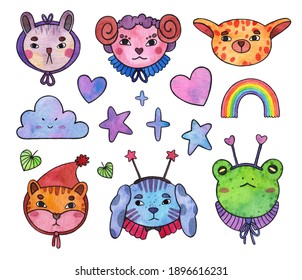 Watercolor collection of cute funny animal faces with cloud, rainbow, stars, hearts .Colorful hand drawn illustration with various cartoon muzzles isolated on white background.