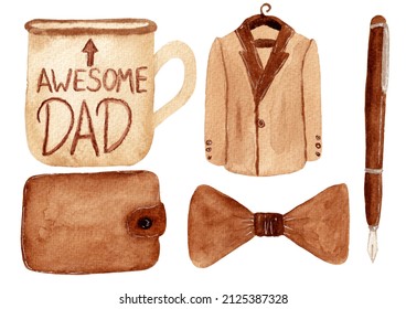 Watercolor Collection For Dad, A Mug With An Inscription, A Jacket, A Wallet, A Pen And A Bow Tie On A White Background. Collection In Shades Of Brown And Office Style, Father's Day, Birthday, Etc.