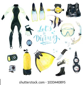 Watercolor Collection Of Diving Elements. Scuba Diving Gear Set.