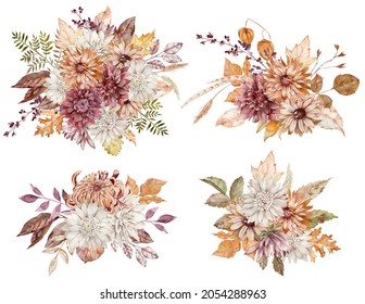 Watercolor Collection Of Fall Floral Bouquets. Crimson, White And Orange Asters And Chrysanthemums And Autumn Leaves