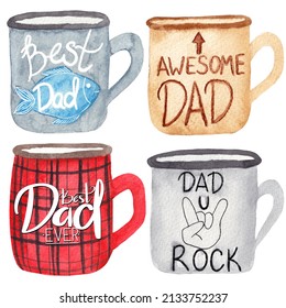 Watercolor collection of mugs with lettering for father. The elements are isolated on a white background. Birthday, father's day, etc. - Powered by Shutterstock