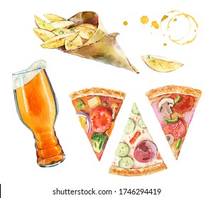 Watercolor collection. Trendy ipa beer glass with IPA beer. Beer trendy glass, french fries and pizza. Watercolor realistic illustration. Modern design. Bar Menu design template. Food icon set - Powered by Shutterstock