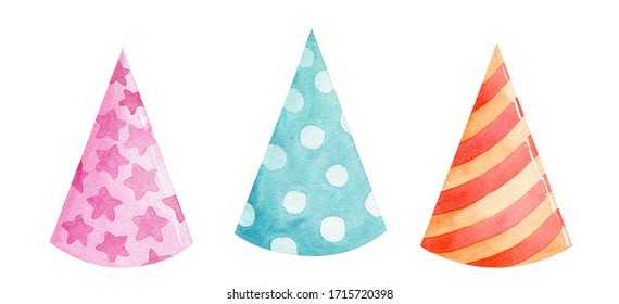 watercolor color party hats set isolated on white background. Birthday cones with stripes and dots accessories clip art for invitations and designs - Powered by Shutterstock