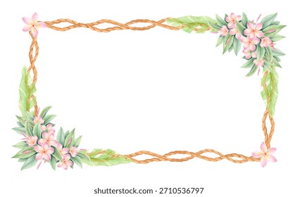 Watercolor and colored pencil rectangular frame with pink plumeria flowers, tropical leaves and braided ropes isolated on white. Floral frangipani border for summer invitations, cards, wedding designs