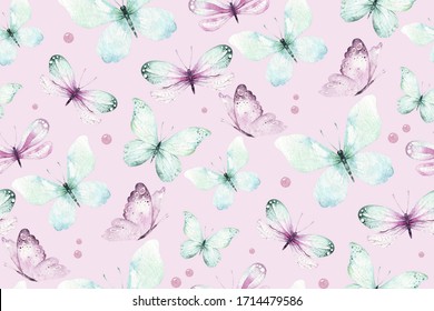 Watercolor Colorful Butterflies, Isolated On White Background. Blue, Yellow, Pink And Red Butterfly Spring Illustration.