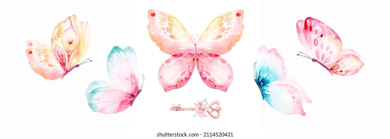 Watercolor Colorful Butterflies, Isolated On White Background. Blue, Yellow, Pink And Red Butterfly Spring Illustration.