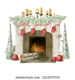 Watercolor colorful Christmas fireplace. Digitally painted illustration. . High quality illustration - Powered by Shutterstock