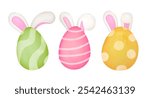 Watercolor colorful cute easter eggs with rabbits ears collection on white background. Happy Easter art. Paschal Elements set for Easter cards, covers, posters and invitations