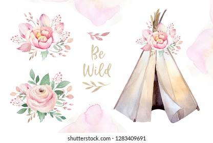 Watercolor colorful ethnic set of arrows, teepee and flowers in native American style.Tribal Navajo isolated illustration ornament on white background. Indian,