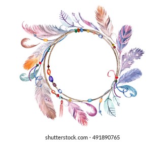 Watercolor Colorful Feathers Frame. Hand Drawn Boho Print For Wedding Card, Invitation, Poster, Wrapping, Wallpaper, Fabric