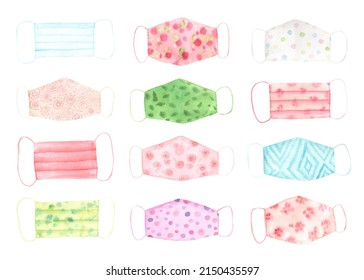 Watercolor Colorful Hand Made Face Mask Set. Creative Protective Madical Mask Clipart Collection