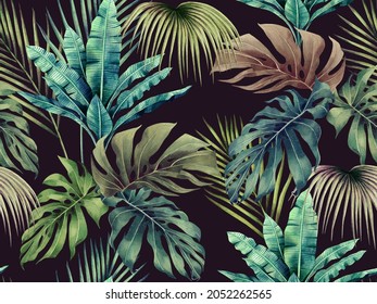 Watercolor Colorful Monstera,coconut,banana Leaves Seamless Pattern Background.Watercolor Painting Illustration Tropical Exotic Leaf Prints For Wallpaper,textile Hawaii Aloha Jungle Pattern.