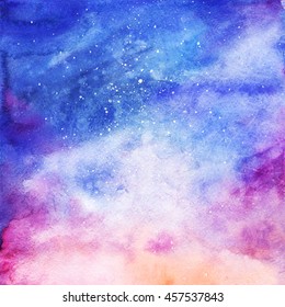 Watercolor colorful starry space galaxy nebula background