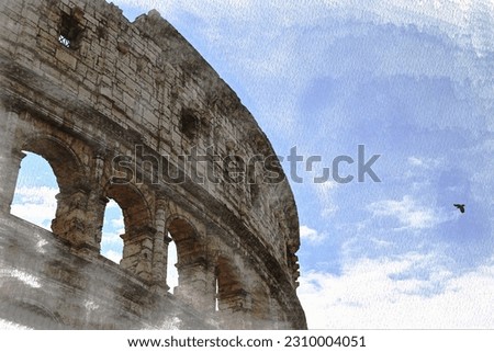 Watercolor of the Colosseum in Rome. Historical architecture. Watercolor illustration for canvas or paintings.