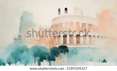 Watercolor of the colosseum in Rome, Italy. 4k painting of the capital city landmark. Drawing of coliseum in Roma. Famous old roman momument.