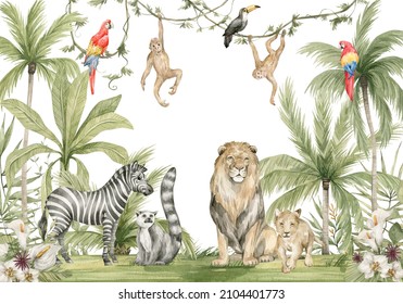 Aquarellzusammensetzung mit afrikanischen Tieren und natürlichen Elementen. Löwe, Zebra, Affen, Papageien, Palmen, Blumen. Safari-Wildlebewesen. Dschungel, tropische Illustration für Tapeten im Kindergarten