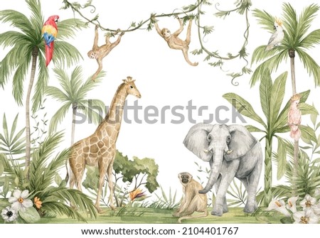 Watercolor composition with African animals and natural elements. Elephant, giraffe, monkeys, parrots, palm trees, flowers. Safari wild creatures. Jungle, tropical illustration for nursery wallpaper Foto stock © 