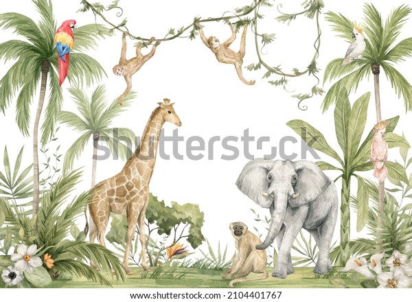 Watercolor composition with African animals and natural elements. Elephant, giraffe, monkeys, parrots, palm trees, flowers. Safari wild creatures. Jungle, tropical illustration for nursery wallpaper for walls. 