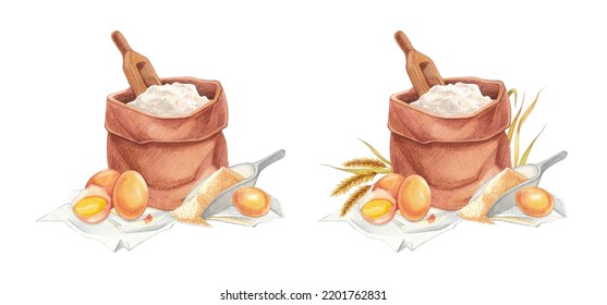 Watercolor Composition Of A Bag Of Flour, Wheat, Eggs And Brown Sugar. Perfect For Postcards, Cookbook Design And Recipe Books