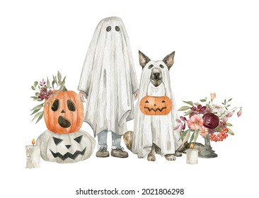 Watercolor Composition With Cute Kid And Dog In Halloween Ghost Costumes. Autumn Holiday, Cutting Pumpkins, Candles, Flowers. Trick Or Treat