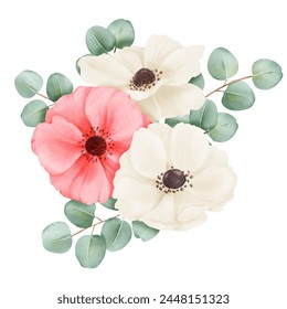 A watercolor composition featuring white and pink anemones, adorned with eucalyptus leaves. for wedding invitations, event decorations, botanical-themed designs, digital artwork and decorative crafts - Powered by Shutterstock