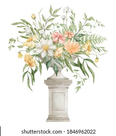 Watercolor composition with flower bouquet in antique vase. Aesthetic element of summer garden. Floral decoration, botanical elements. Delicate, romantic, vintage, botanical art