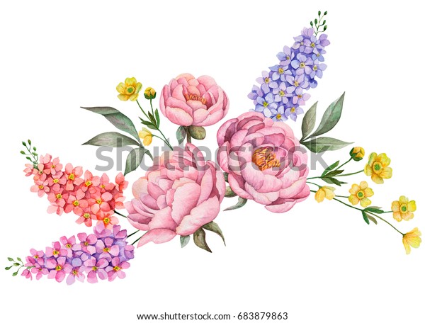 花と水彩画 白い背景に手描きの花柄イラスト 牡丹 蝶カップ デルフィニウム 葉っぱのブーケ のイラスト素材