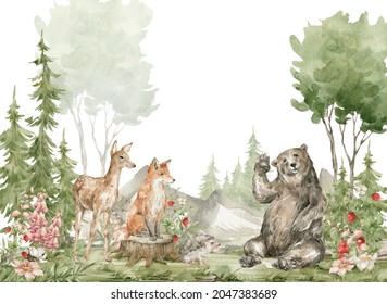 Watercolor composition with forest animals and natural elements. Deer, fox, bear, green trees, pine, fir, flowers and mountains. Woodland creatures in the wild. Illustration for nursery, wallpaper