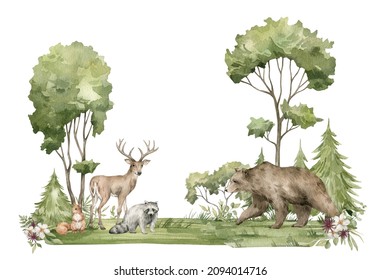 Watercolor composition with forest animals and natural elements. Deer, raccoon, bear, squirrel, green trees, flowers and mountains. Woodland creatures in the wild. Illustration for nursery, wallpaper