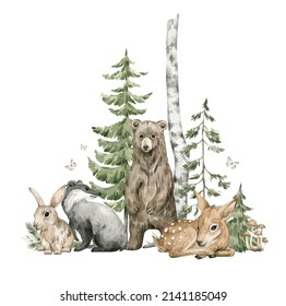 Watercolor composition with forest animals and natural elements. Bear, badger, deer, hare, green trees, pine, fir, flowers. Woodland creatures in the wild. Illustration for nursery, wallpaper