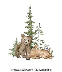 Watercolor composition with forest animals and natural elements. Bear, lynx, bird, green trees, pine, fir, flowers. Woodland creatures in the wild. Illustration for nursery, wallpaper