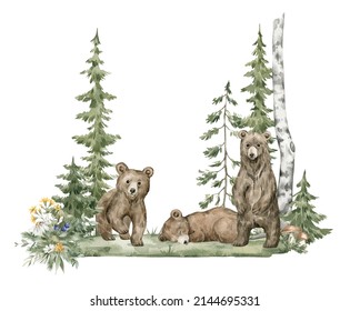 Watercolor composition with forest animals and natural elements. Baby grizzly bears, green trees, pine, fir, flowers. Woodland creatures in the wild. Illustration for nursery, wallpaper