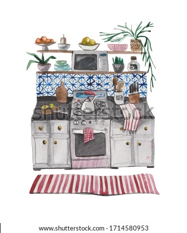 Watercolor composition, a fragment of the interior design of the kitchen in the Scandinavian style. The design of furniture in the style of Hugge, and beckons to stay at home. 