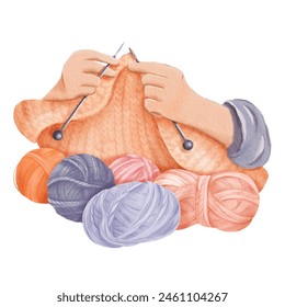 A watercolor composition of knitting, with two hands skillfully crafting fabric. colorful wool yarn balls in various warm hues, for crafting blogs, knitting tutorials cozy home decor prints - Powered by Shutterstock